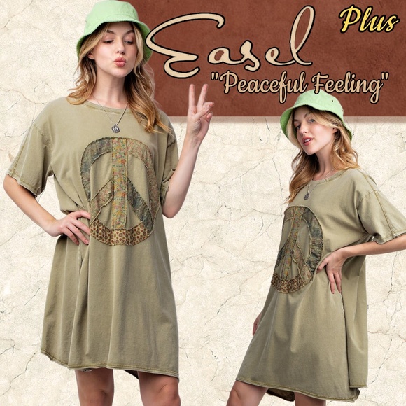 EASEL “Peaceful Feeling” Mineral Washed Cotton Tunic Tee-Dress Detailed Pockets - Picture 1 of 16